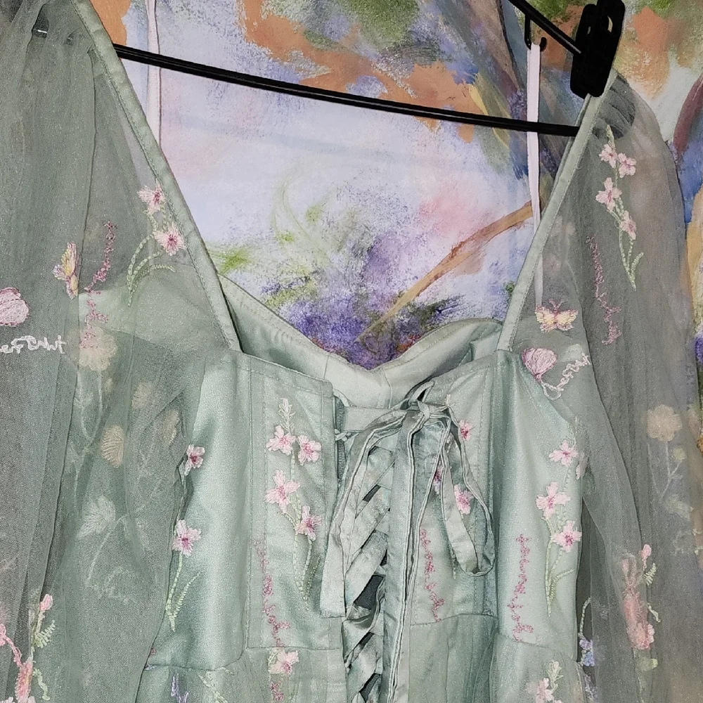 Elegant Floral Fairy Princess Corset Lng Sleeve Maxi Dress in Green Pink Floral - Picture 12 of 14